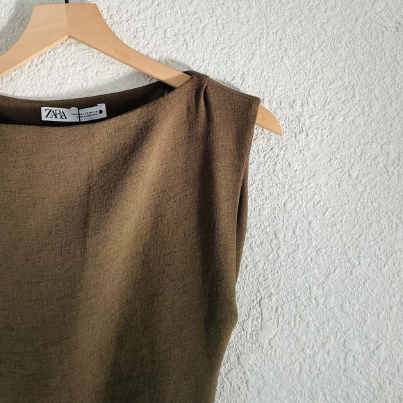 Zara Brown / Army Green Ruched Side Fitted Midi Cocktail Dress NWT - Picture 9 of 16